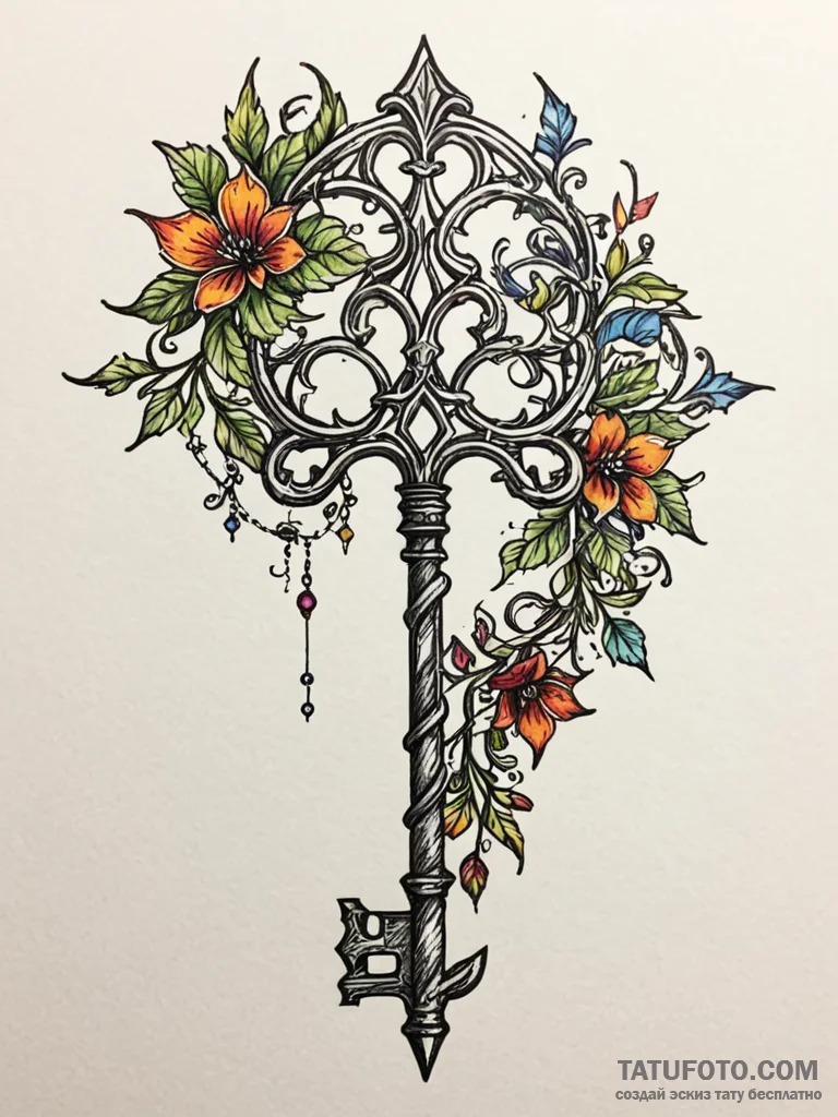 Rusted key beneath thorned vines, concept art... - эскиз тату (№1751207685_0, 29.06.2025 14:34) — Tatufoto.com
