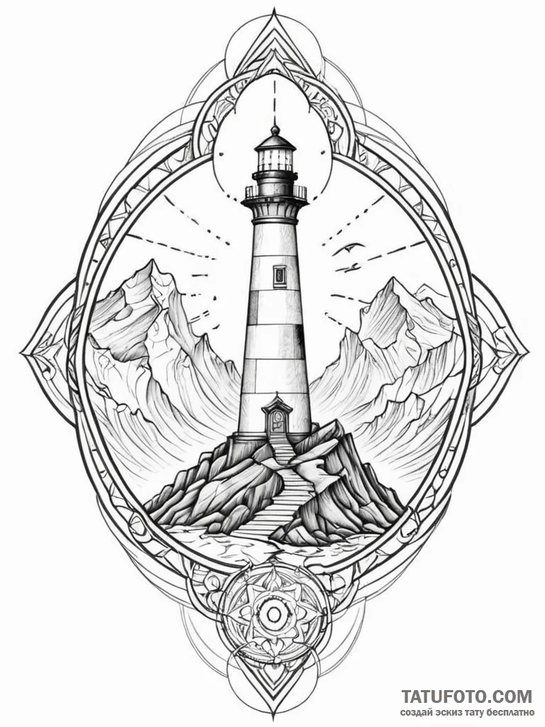 Lighthouse atop spectral cliff, artistic tatt... - эскиз тату (№1751210218_0, 29.06.2025 15:16) — Tatufoto.com