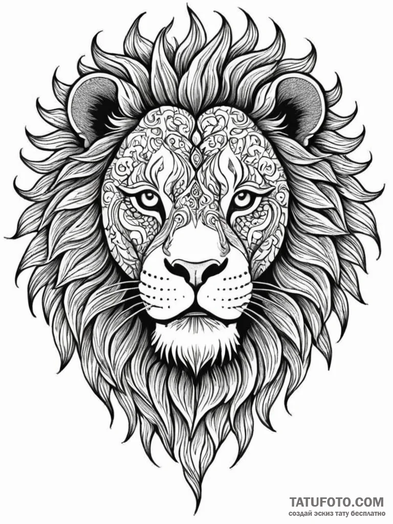 Animated lion with flaming eyes, tattoo line... - эскиз тату (№1751210559_0, 29.06.2025 15:22) — Tatufoto.com