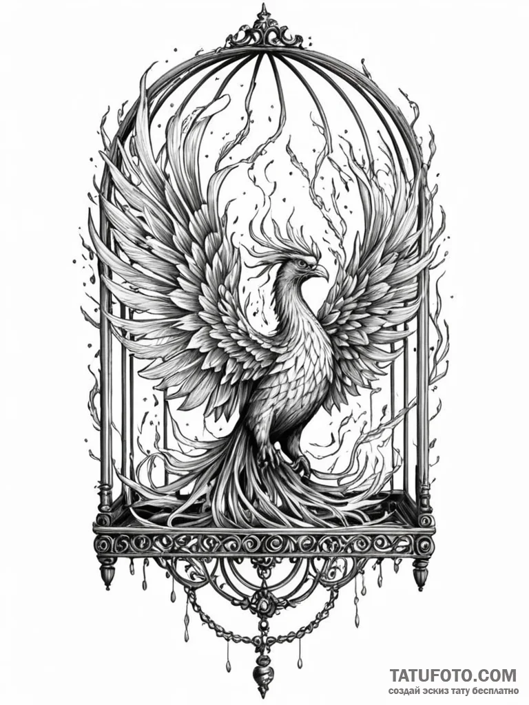 Burning phoenix trapped in cage, artistic tat... - эскиз тату (№1751216469_0, 29.06.2025 17:01) — Tatufoto.com