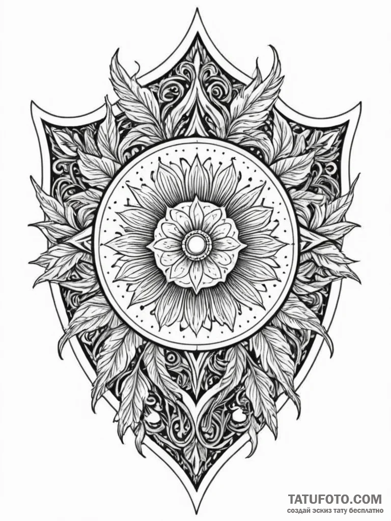 Thorned shield beneath spectral bloom, ink il... - эскиз тату (№1751216831_0, 29.06.2025 17:07) — Tatufoto.com
