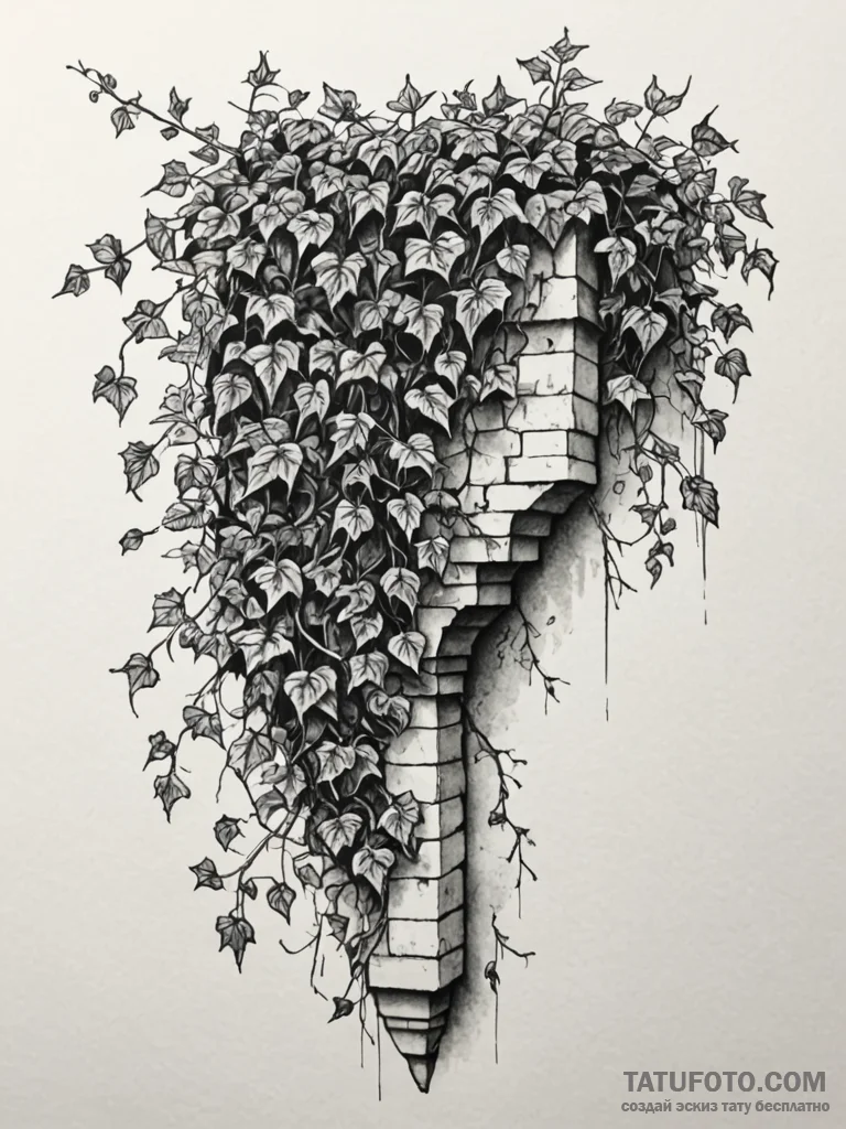 A strong brick wall with ivy climbing, rustic... - эскиз тату (№1751218339_0, 29.06.2025 17:32) — Tatufoto.com