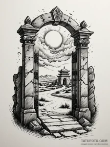 Tomb gate beneath spectral storm, artistic ta... - эскиз тату (№1751226520_0, 29.06.2025 19:48) — Tatufoto.com