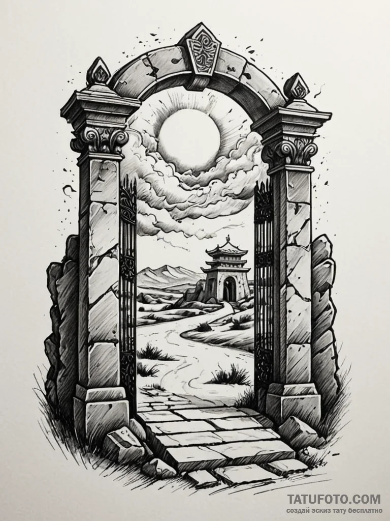 Tomb gate beneath spectral storm, artistic ta... - эскиз тату (№1751226520_0, 29.06.2025 19:48) — Tatufoto.com