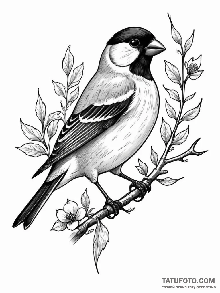 Bullfinch, ink illustration for tattoo, styli... - эскиз тату (№1751226700_0, 29.06.2025 19:51) — Tatufoto.com