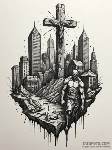 Apocalyptic cityscape with ruined statues, in... - эскиз тату (№1751226796_0, 29.06.2025 19:53) — Tatufoto.com