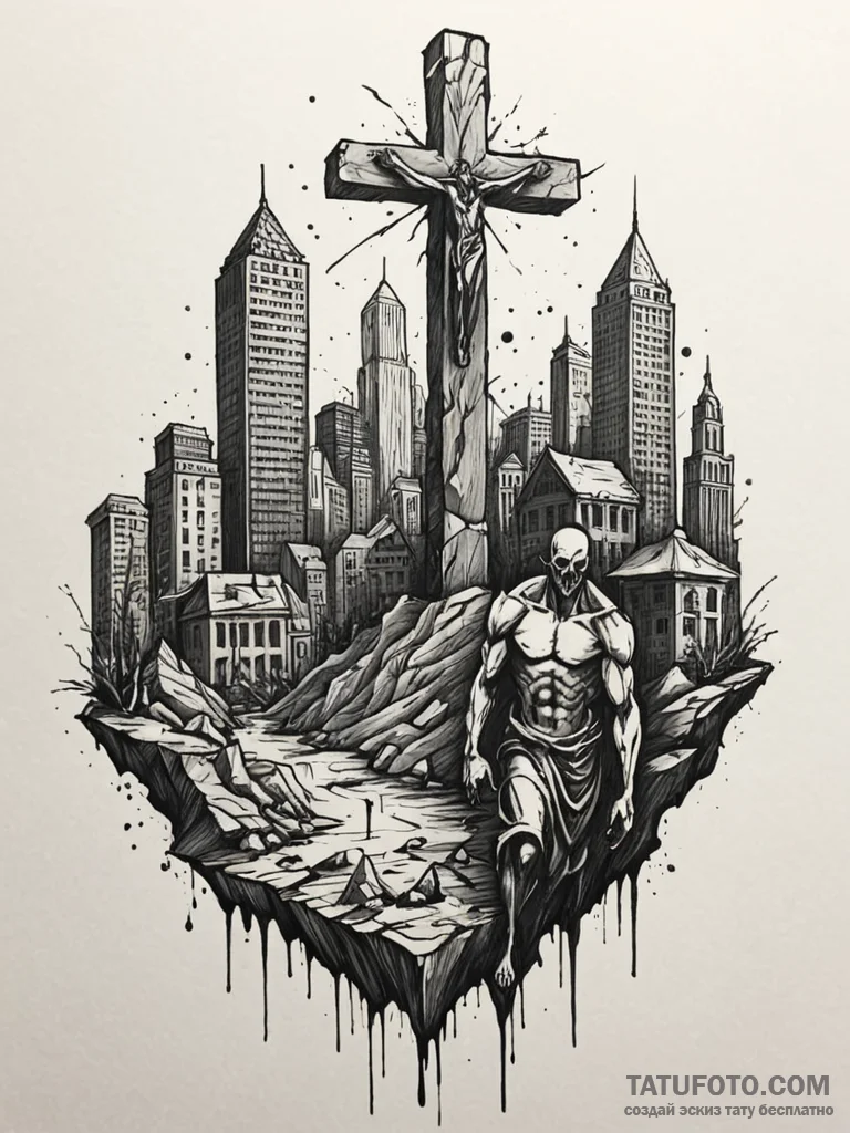 Apocalyptic cityscape with ruined statues, in... - эскиз тату (№1751226796_0, 29.06.2025 19:53) — Tatufoto.com