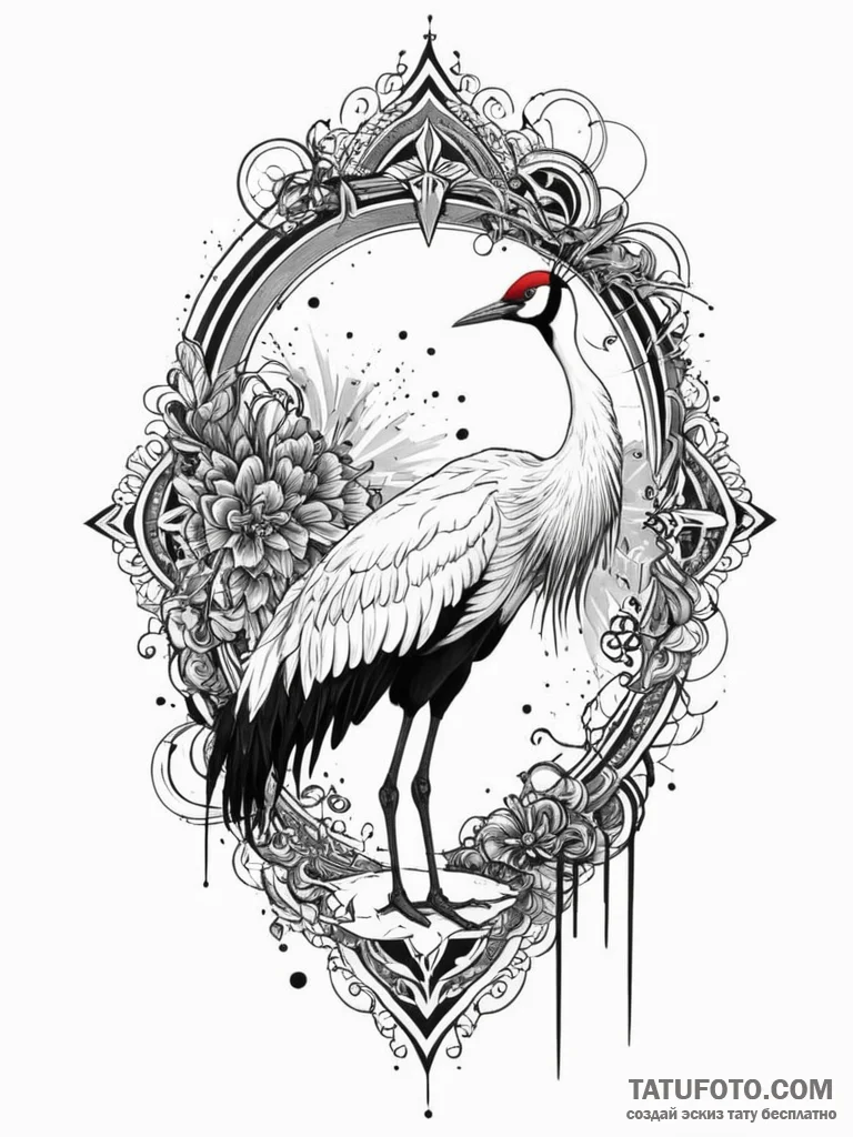A red-crowned crane dancing, tattoo line art,... - эскиз тату (№1751226889_0, 29.06.2025 19:54) — Tatufoto.com