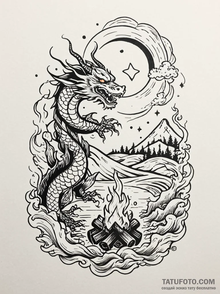 A cozy campfire burning in a wilderness setti... - эскиз тату (№1751228168_0, 29.06.2025 20:16) — Tatufoto.com