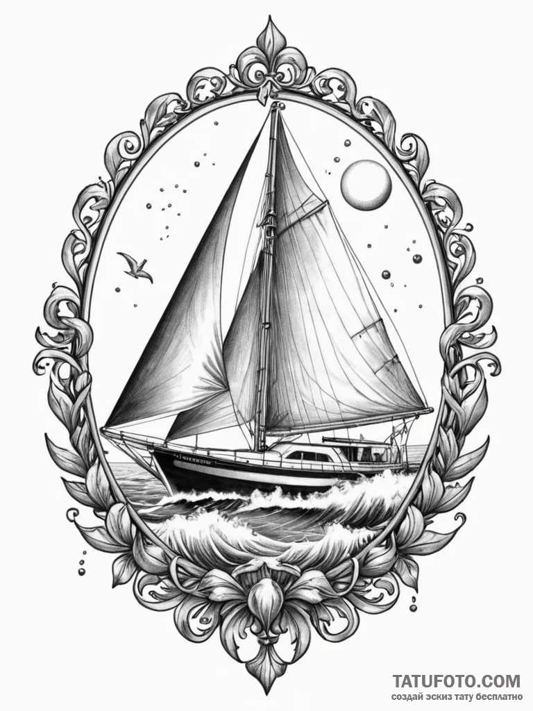 A sleek boat sailing on a calm sea, open wate... - эскиз тату (№1751228490_0, 29.06.2025 20:21) — Tatufoto.com