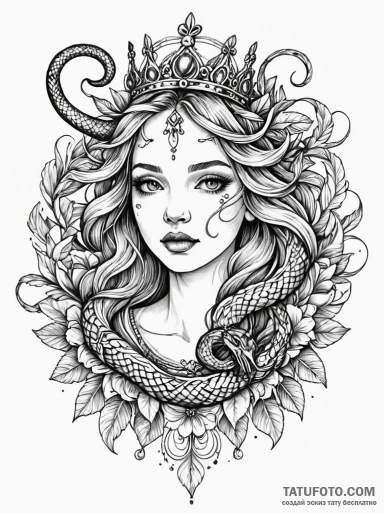 Nymph crowned with serpent, ink illustration... - эскиз тату (№1751230601_0, 29.06.2025 20:56) — Tatufoto.com