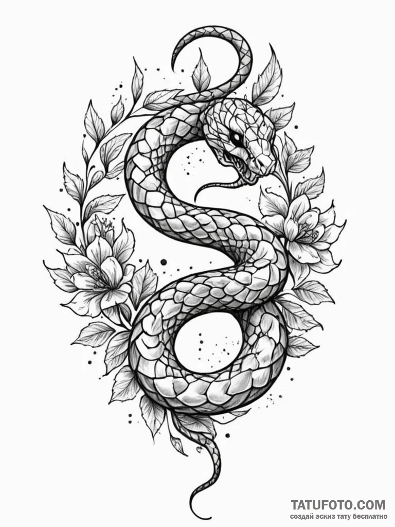 Ice snake coiled in frozen bloom, tattoo line... - эскиз тату (№1751230835_0, 29.06.2025 21:00) — Tatufoto.com