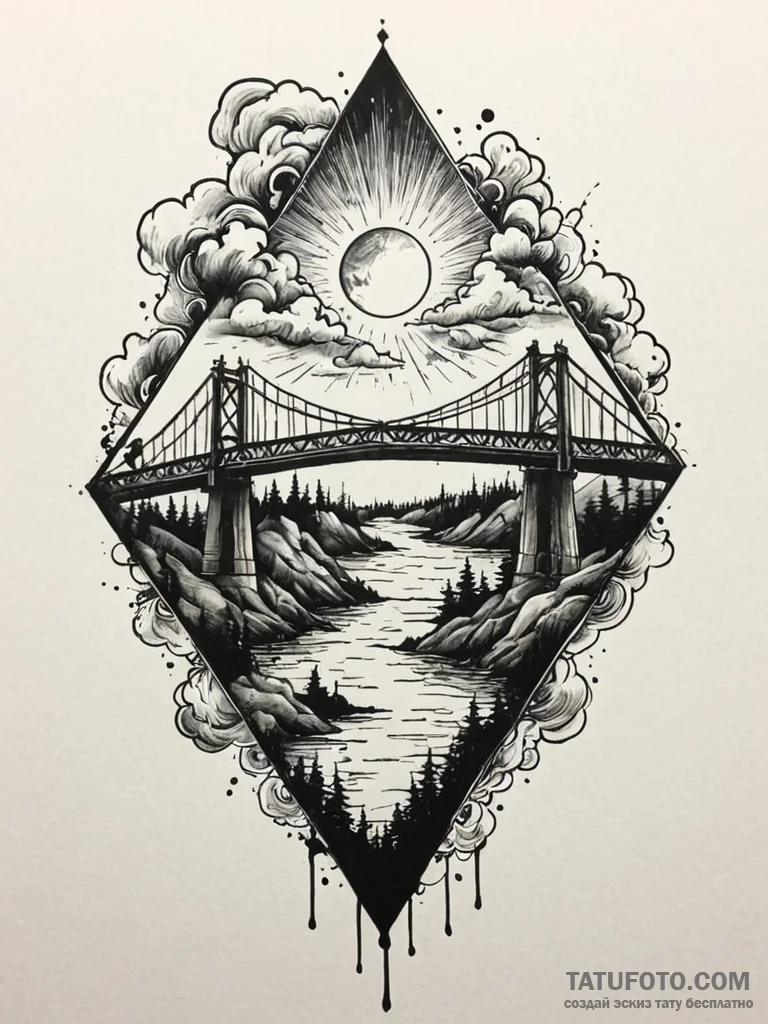 Quartz bridge beneath spectral clouds, tattoo... - эскиз тату (№1751231017_0, 29.06.2025 21:03) — Tatufoto.com