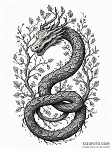 Oak serpent winding through roots, ink illust... - эскиз тату (№1751231301_0, 29.06.2025 21:08) — Tatufoto.com