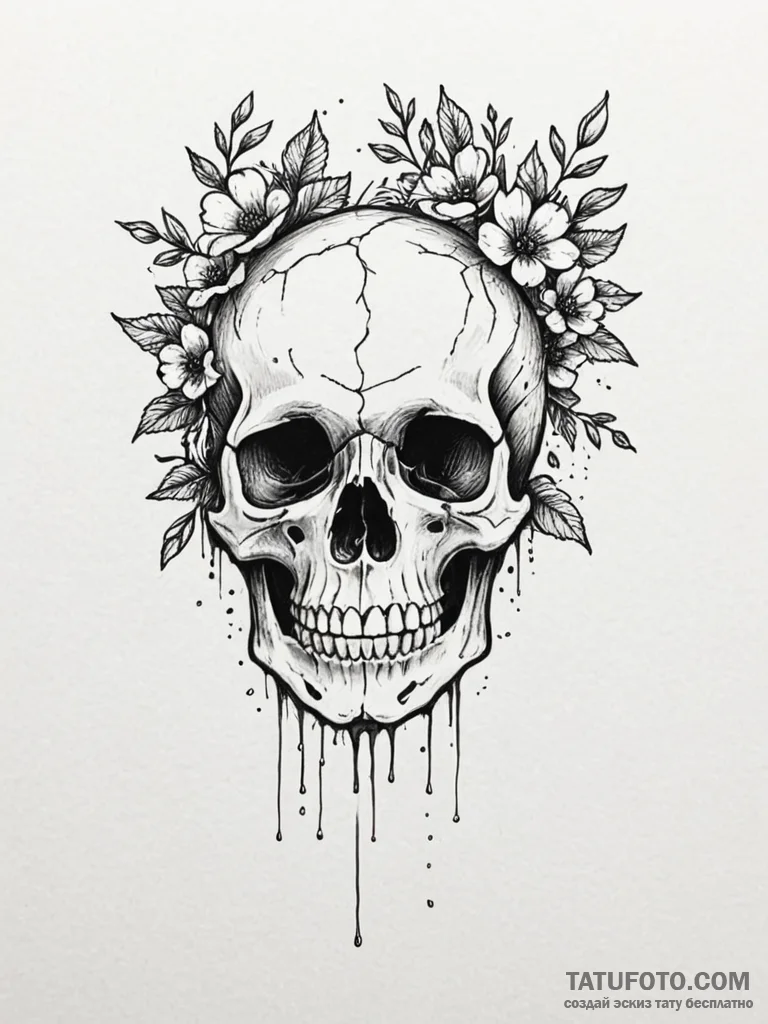 Bone flowers blooming from skull, tattoo line... - эскиз тату (№1751231491_0, 29.06.2025 21:11) — Tatufoto.com