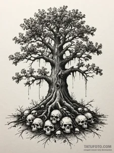Oak tree with roots digging into a pile of sk... - эскиз тату (№1751231955_0, 29.06.2025 21:19) — Tatufoto.com