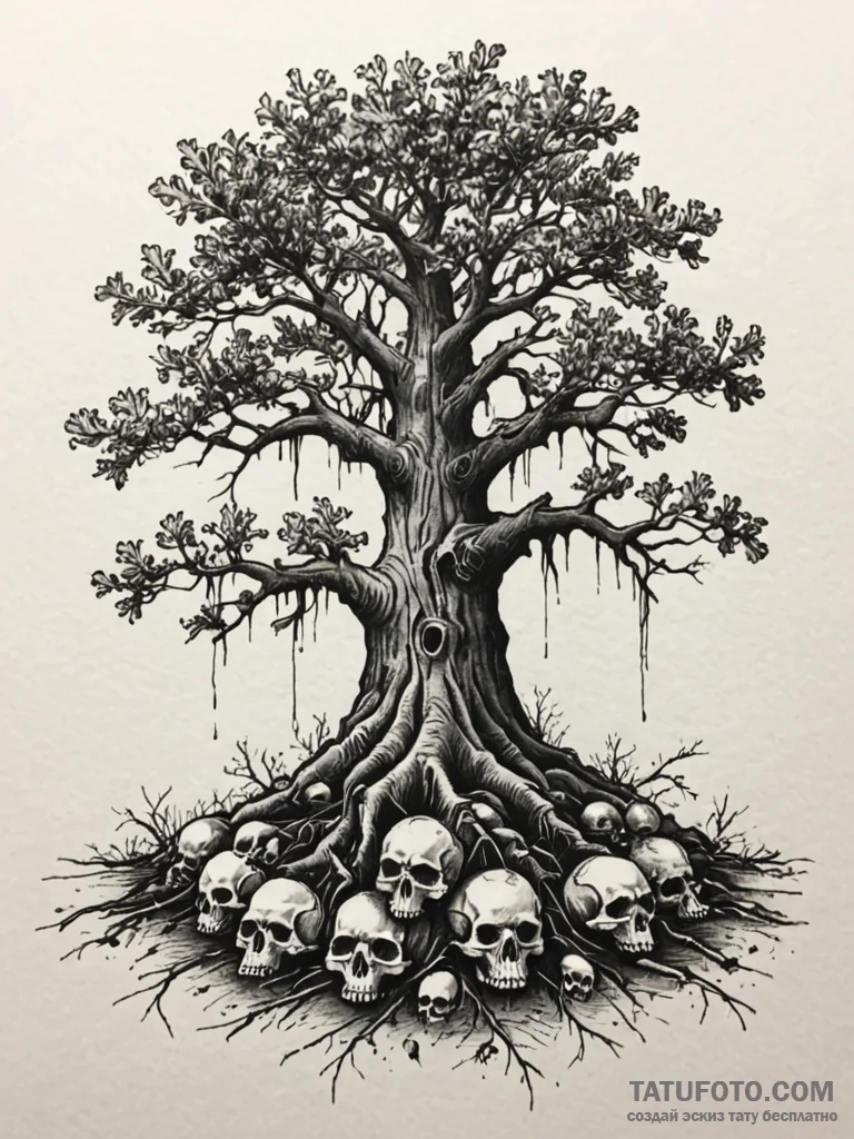 Oak tree with roots digging into a pile of sk... - эскиз тату (№1751231955_0, 29.06.2025 21:19) — Tatufoto.com