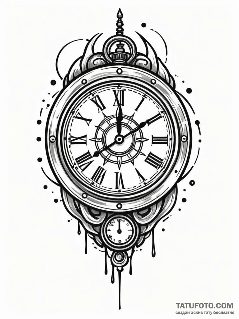 Clock with shattered pendulum, ink illustrati... - эскиз тату (№1751232228_0, 29.06.2025 21:23) — Tatufoto.com