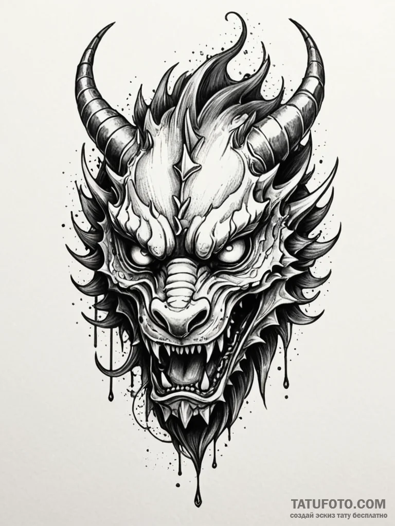 Dragon mask forged from iron, ink illustratio... - эскиз тату (№1751232411_0, 29.06.2025 21:26) — Tatufoto.com