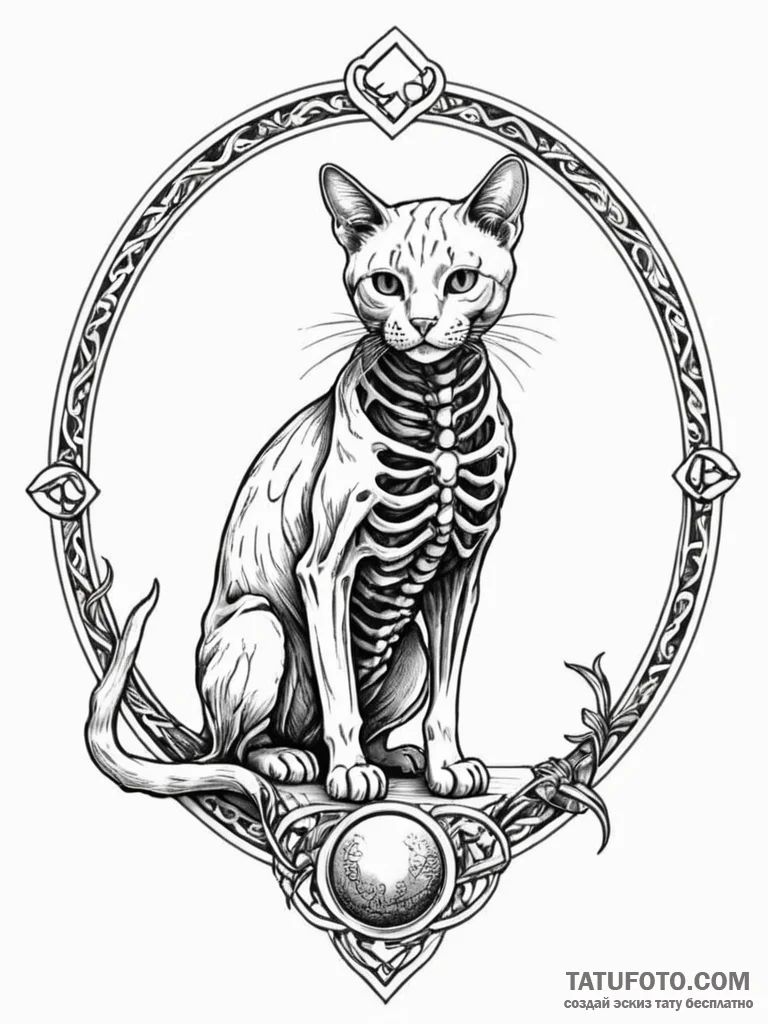 Cat skeleton clutching ancient coin, tattoo l... - эскиз тату (№1751232504_0, 29.06.2025 21:28) — Tatufoto.com