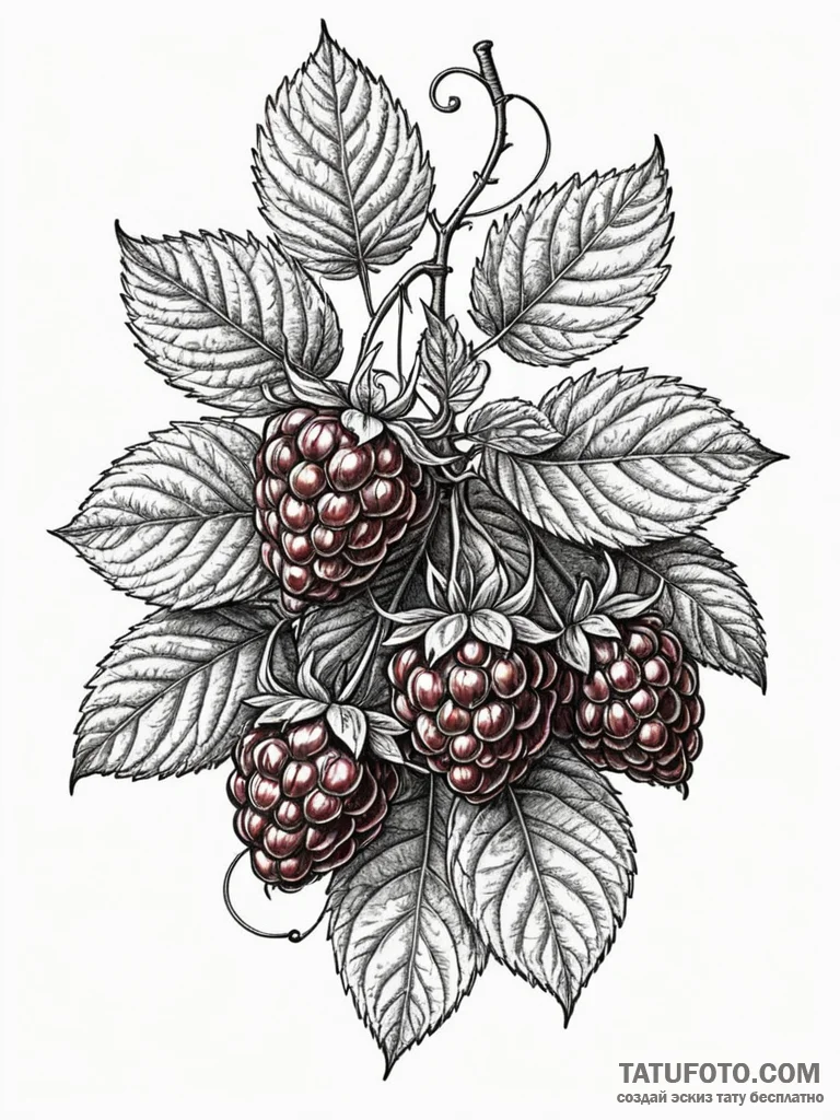 Raspberry, tattoo line art, sepia tone sketch... - эскиз тату (№1751232591_0, 29.06.2025 21:29) — Tatufoto.com