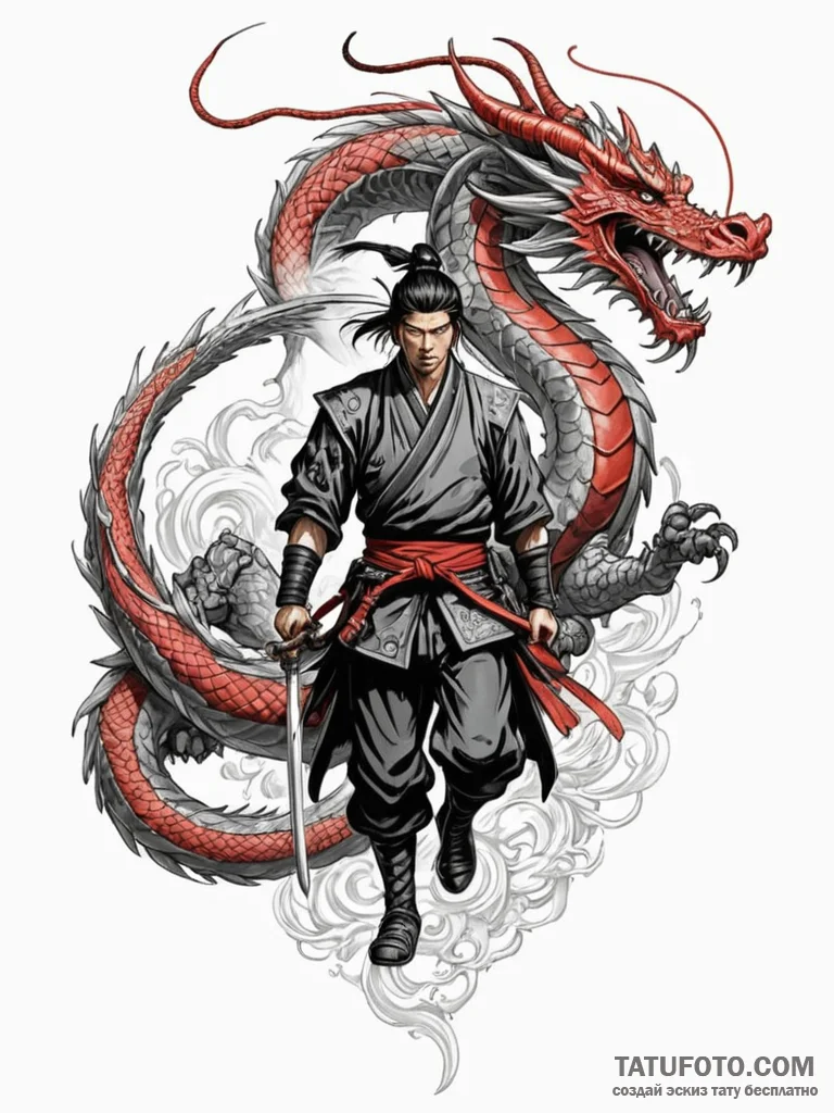 Samurai warrior facing down a dragon, concept... - эскиз тату (№1751232684_0, 29.06.2025 21:31) — Tatufoto.com