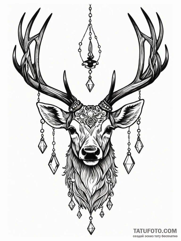 Stag with a crystal chandelier hanging from i... - эскиз тату (№1751232778_0, 29.06.2025 21:32) — Tatufoto.com