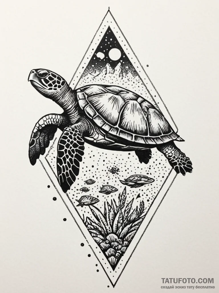 Island turtle carrying a lost civilization on... - эскиз тату (№1751232924_0, 29.06.2025 21:35) — Tatufoto.com