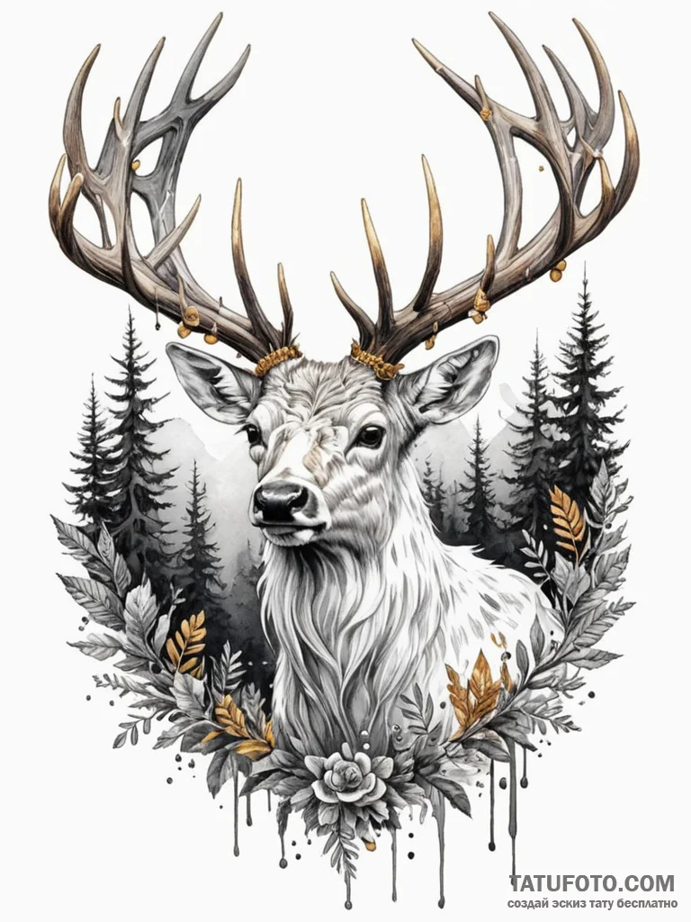 White stag with golden antlers in a dark fore... - эскиз тату (№1751233596_0, 29.06.2025 21:46) — Tatufoto.com
