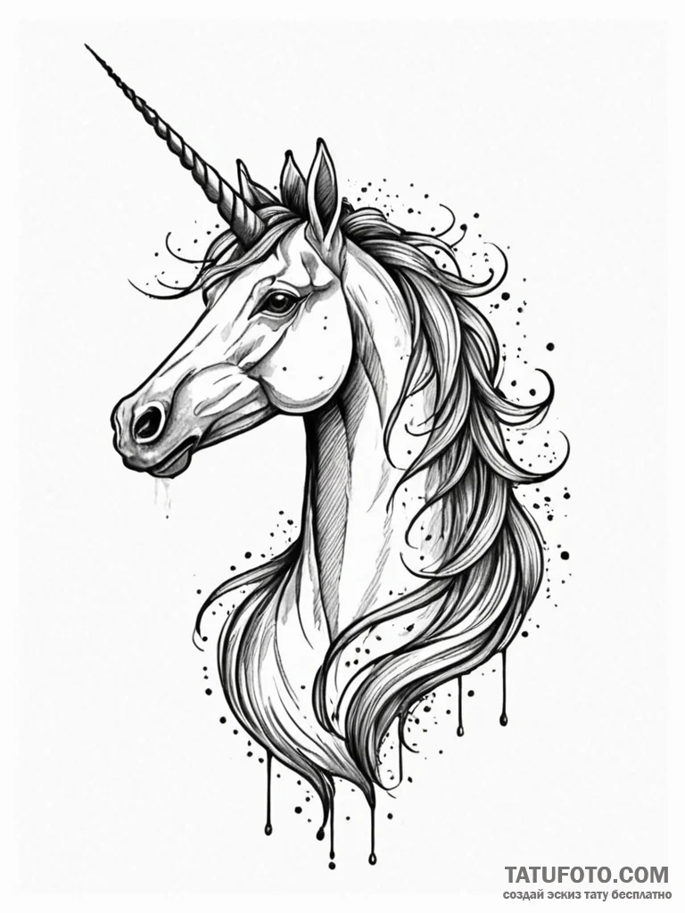 Unicorn whose horn is a twisted, iridescent d... - эскиз тату (№1751234139_0, 29.06.2025 21:55) — Tatufoto.com