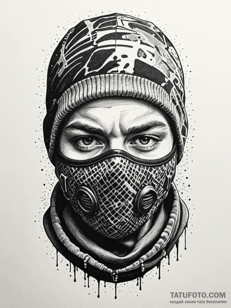 A detailed balaclava mask, mysterious,, tatto... - эскиз тату (№1751235052_0, 29.06.2025 22:10) — Tatufoto.com