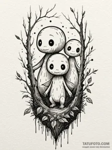 Kodama (forest spirits) with glowing, digital... - эскиз тату (№1751235509_0, 29.06.2025 22:18) — Tatufoto.com