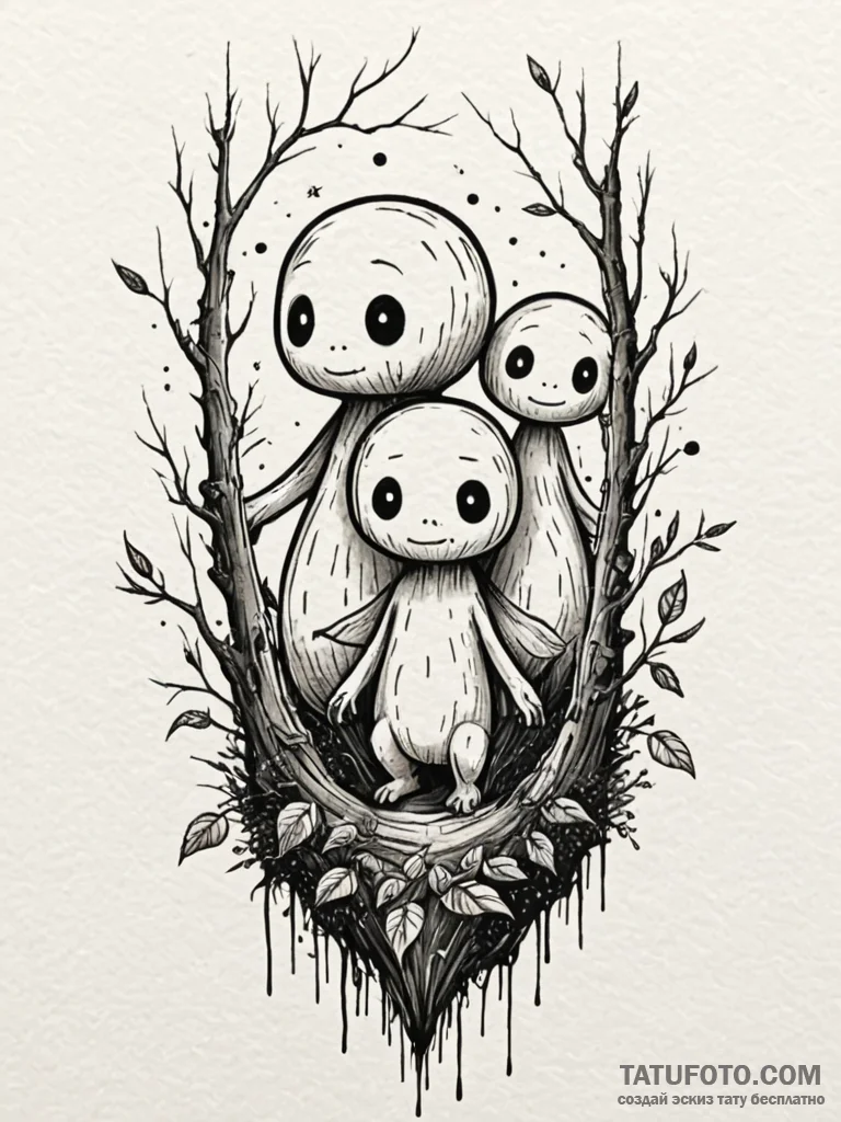 Kodama (forest spirits) with glowing, digital... - эскиз тату (№1751235509_0, 29.06.2025 22:18) — Tatufoto.com
