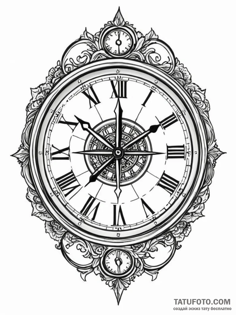 A detailed broken clock showing a specific ti... - эскиз тату (№1751236312_0, 29.06.2025 22:31) — Tatufoto.com