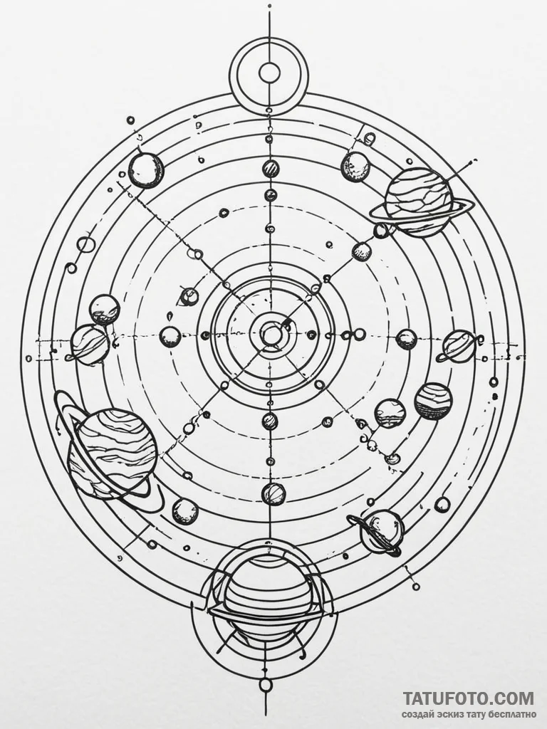 Orrery (mechanical model of the solar system)... - эскиз тату (№1751236492_0, 29.06.2025 22:34) — Tatufoto.com
