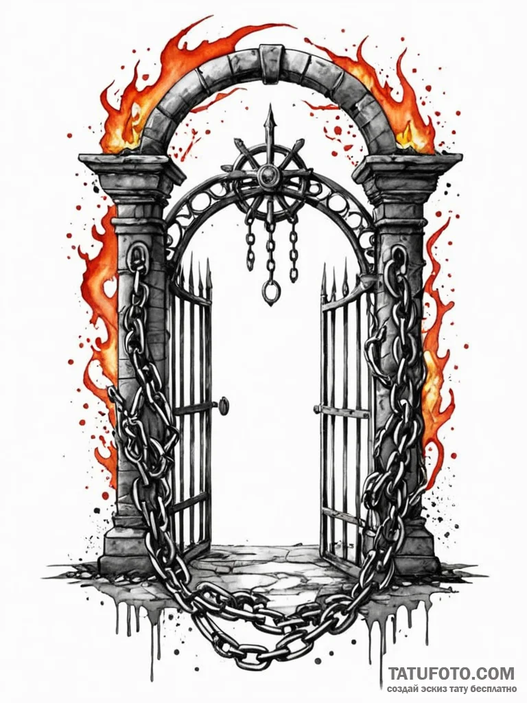Apocalyptic gate with burning chains, artisti... - эскиз тату (№1751237491_0, 29.06.2025 22:51) — Tatufoto.com