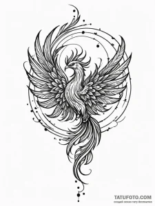 Phoenix feather spiraling through stars, tatt... - эскиз тату (№1751238018_0, 29.06.2025 23:00) — Tatufoto.com