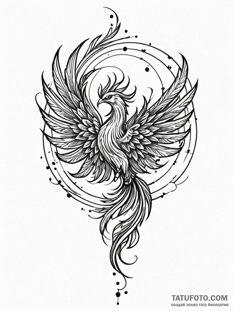 Phoenix feather spiraling through stars, tatt... - эскиз тату (№1751238018_0, 29.06.2025 23:00) — Tatufoto.com