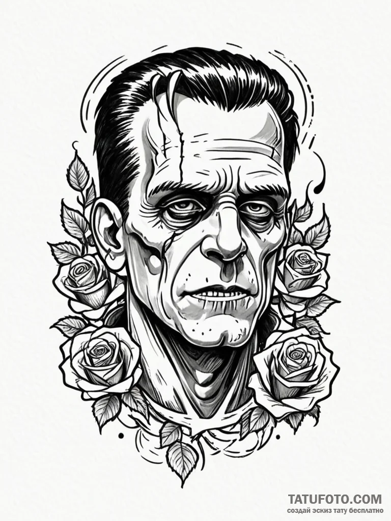 Frankenstein's monster, with crude stitches a... - эскиз тату (№1751238247_0, 29.06.2025 23:04) — Tatufoto.com