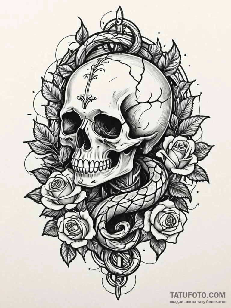 Serpent staff crowned with ivy, ink illustrat... - эскиз тату (№1751238625_0, 29.06.2025 23:10) — Tatufoto.com