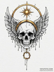 Angelic skull with golden halo, tattoo flash... - эскиз тату (№1751239387_0, 29.06.2025 23:23) — Tatufoto.com