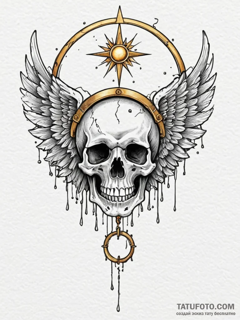 Angelic skull with golden halo, tattoo flash... - эскиз тату (№1751239387_0, 29.06.2025 23:23) — Tatufoto.com