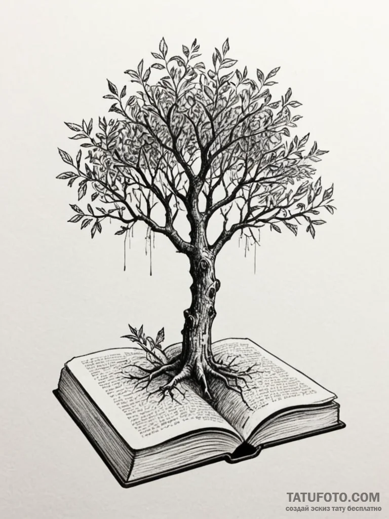A tree growing out of an open book, artistic... - эскиз тату (№1751240408_0, 29.06.2025 23:40) — Tatufoto.com