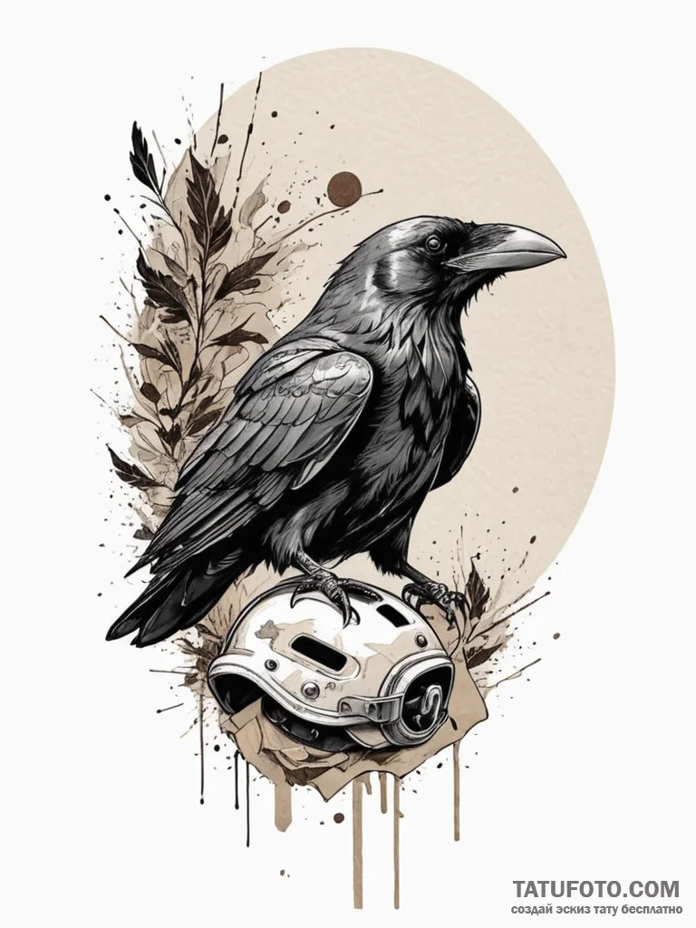 Battle-scarred helmet with a raven perched on... - эскиз тату (№1751241215_0, 29.06.2025 23:53) — Tatufoto.com
