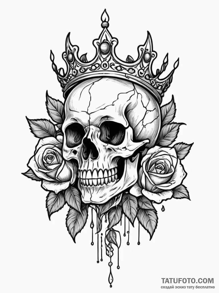 Cracked crown resting on skull, ink illustrat... - эскиз тату (№1751243194_0, 30.06.2025 00:26) — Tatufoto.com