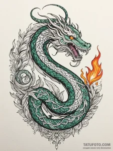 Jade serpent devouring celestial flame, artis... - эскиз тату (№1751243511_0, 30.06.2025 00:31) — Tatufoto.com