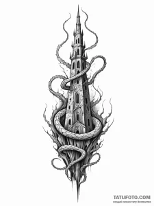 Jagged serpent beneath spectral spire, tattoo... - эскиз тату (№1751243999_0, 30.06.2025 00:39) — Tatufoto.com