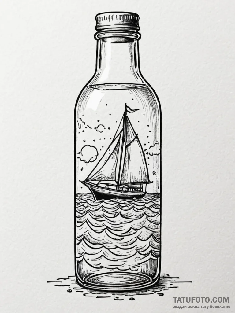 Glass bottle containing a tiny, ship sailing... - эскиз тату (№1751244808_0, 30.06.2025 00:53) — Tatufoto.com