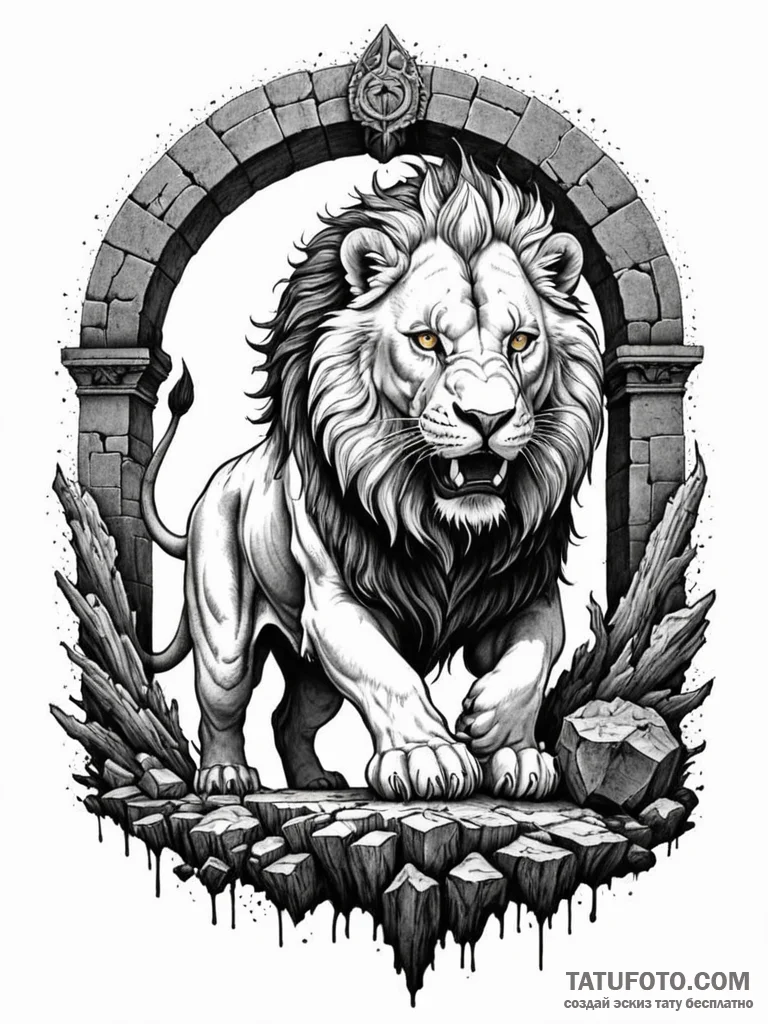 Abyssal lion stalking prey in ruins, ink illu... - эскиз тату (№1751246438_0, 30.06.2025 01:20) — Tatufoto.com