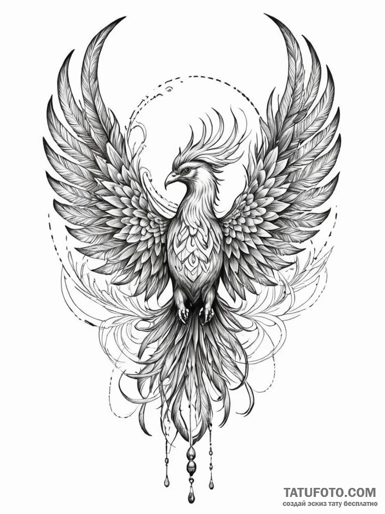 Ashen phoenix with steel feathers, ink illust... - эскиз тату (№1751246756_0, 30.06.2025 01:25) — Tatufoto.com